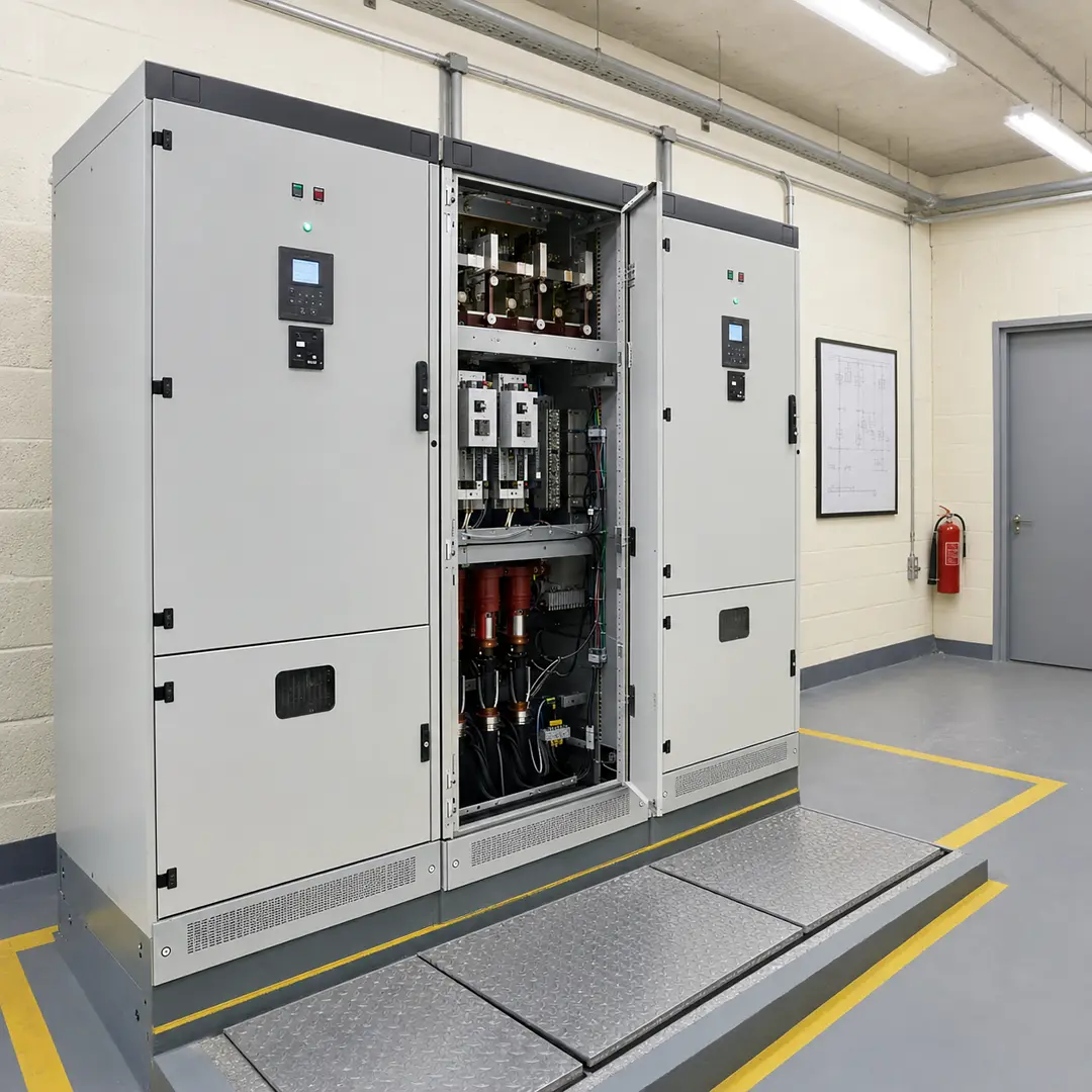 Medium voltage switchgear line-up with one panel open in a clean switch room.