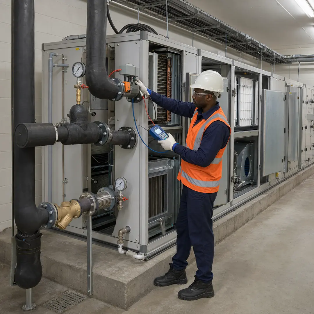 Engineer taking readings on an air handling unit and chilled water valve set inside a plant room.