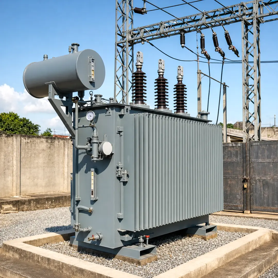 Oil-filled distribution transformer on a concrete plinth inside a fenced substation compound.