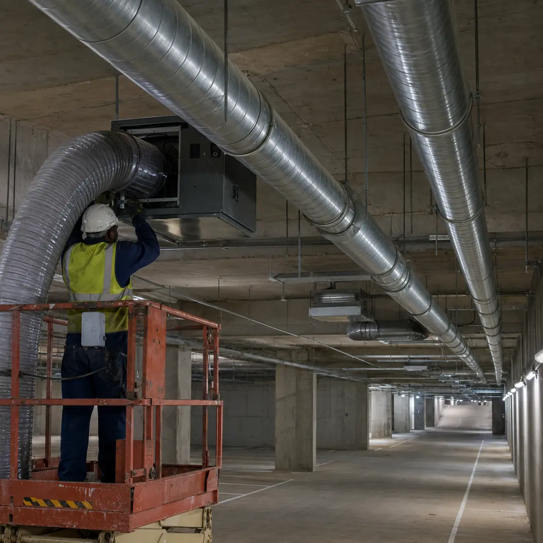 Engineer on a scissor lift commissioning a car park extract fan connected to spiral ductwork.