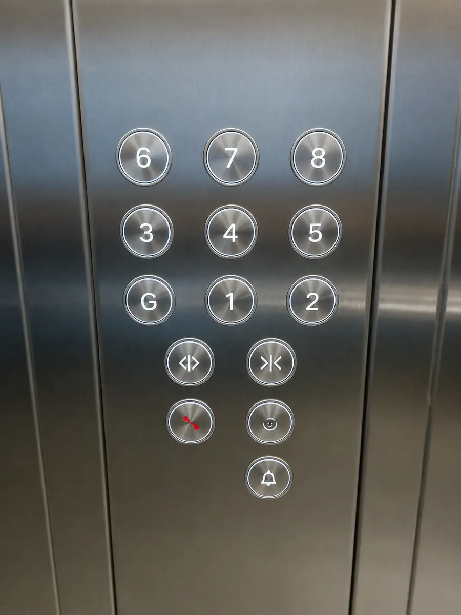 Stainless steel lift car operating panel with round tactile buttons.