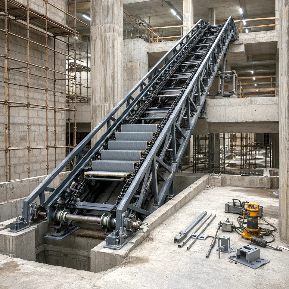 Steel escalator truss installed between floor slabs in a building under construction.