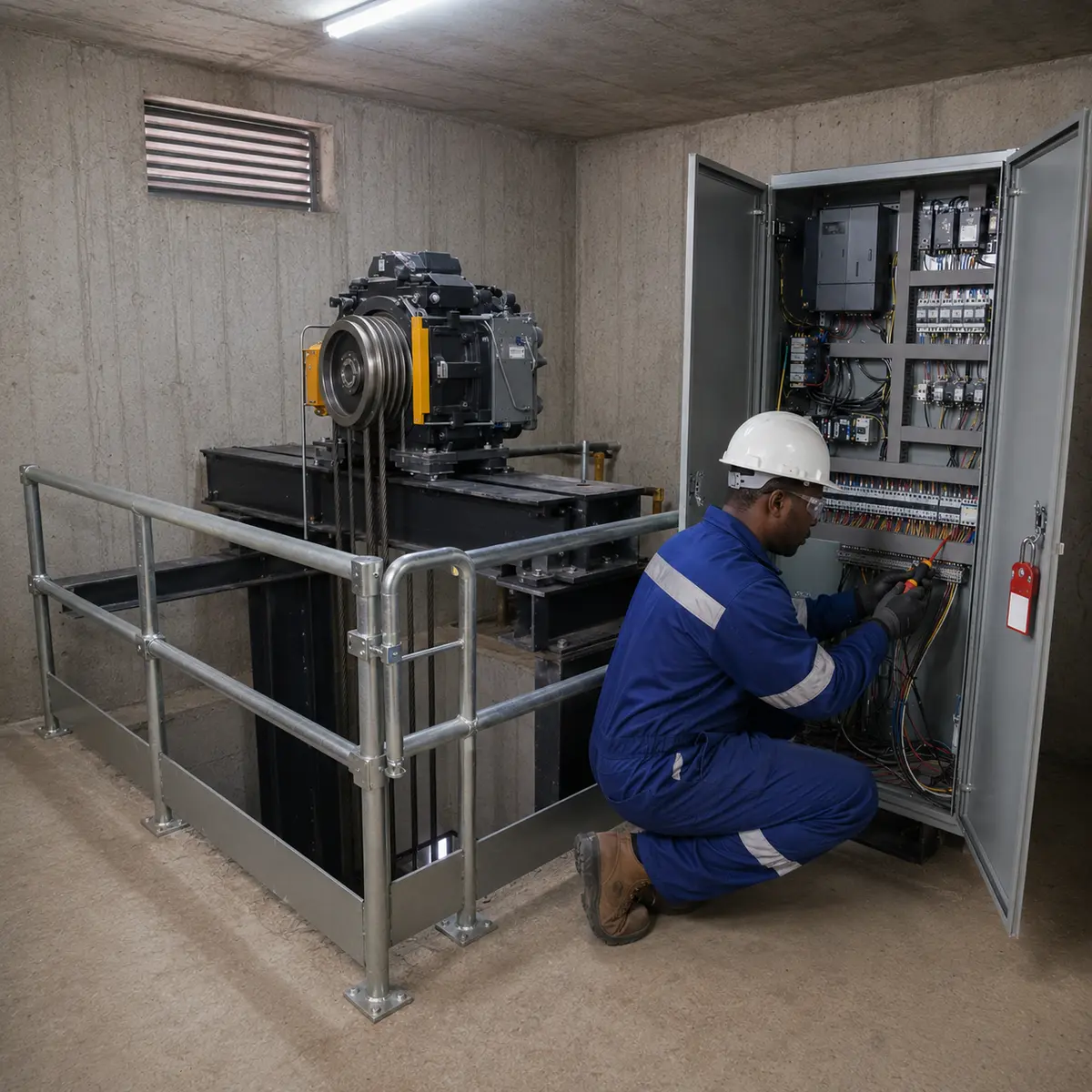 Engineer in protective equipment checking an elevator controller beside a traction machine.