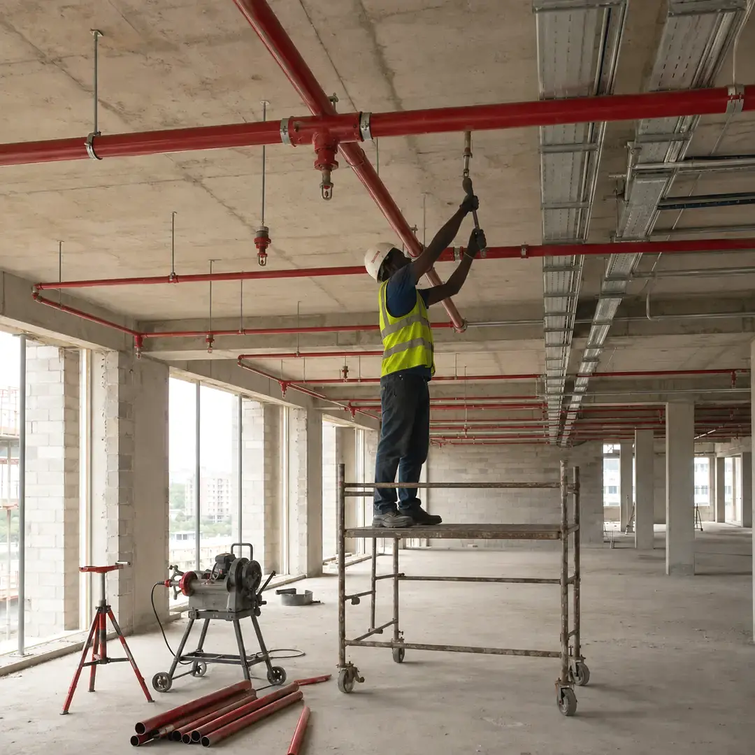 Engineer in hi-vis and helmet installing red fire sprinkler pipework at ceiling level in a building under construction.