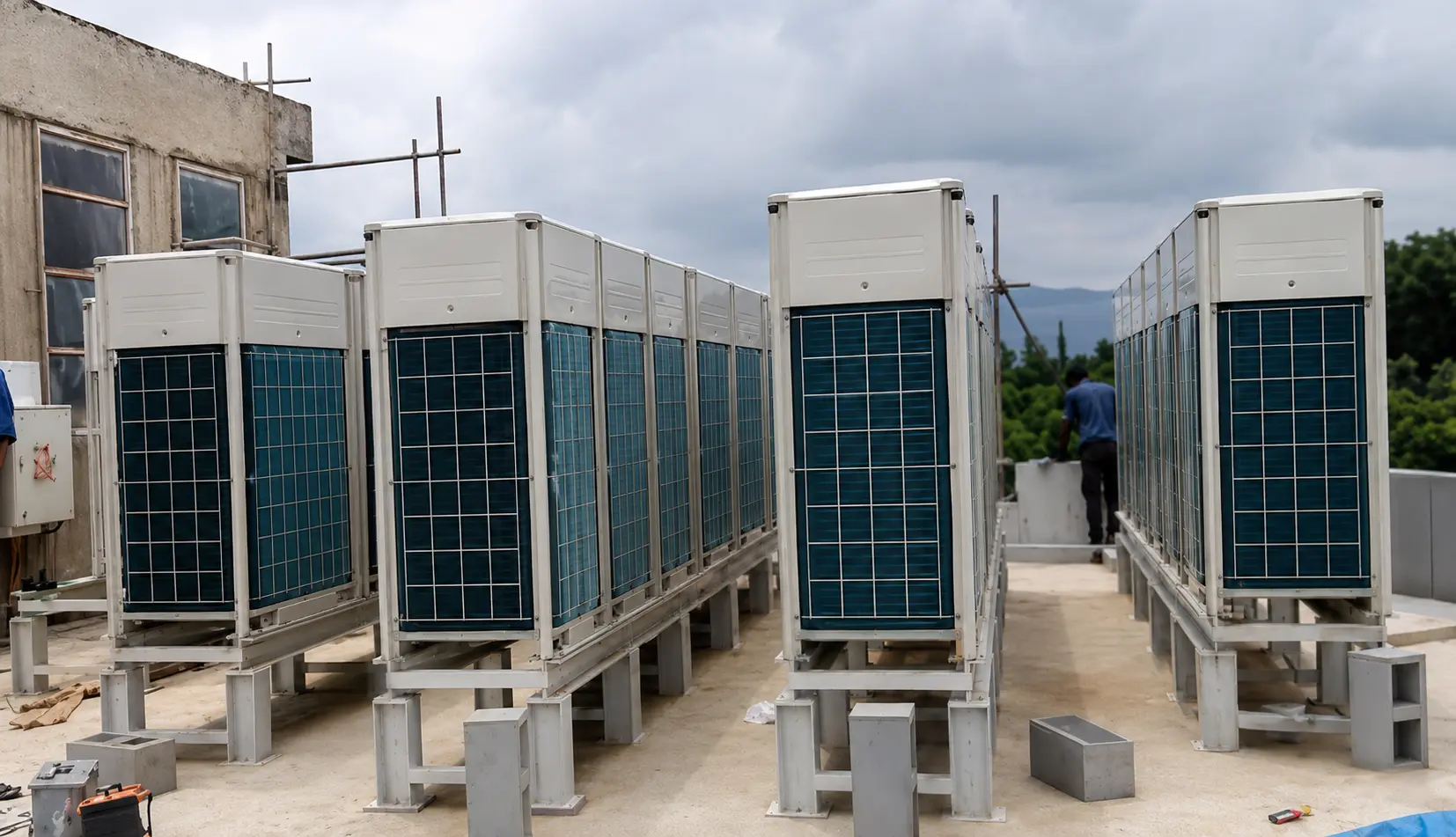 Rooftop bank of HVAC condensing units installed at the Abuja Clinic