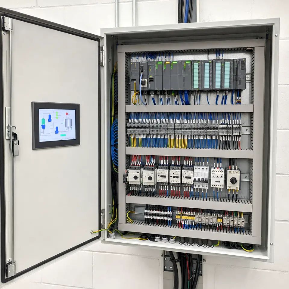 Wall-mounted PLC automation panel with HMI screen and neatly terminated control wiring.