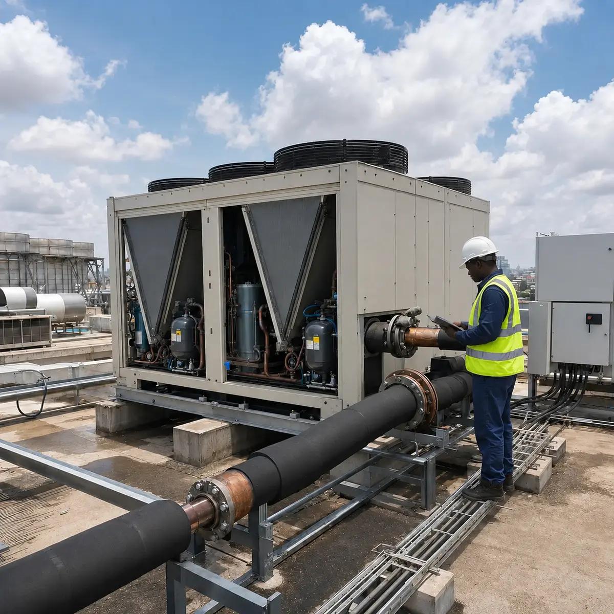 Engineer inspecting an external chiller and refrigerant pipework on a building rooftop.