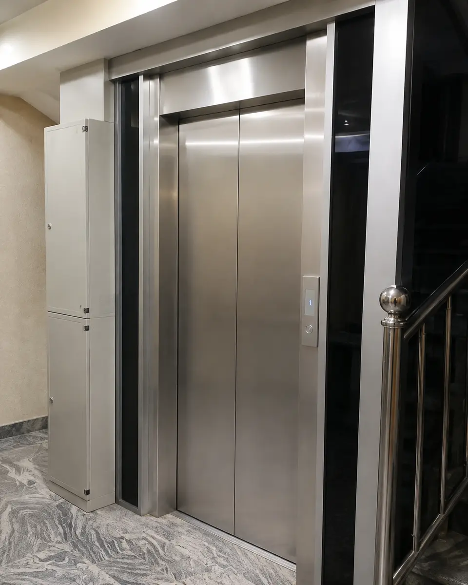 Modernised lift entrance in brushed stainless steel with digital floor indicator.