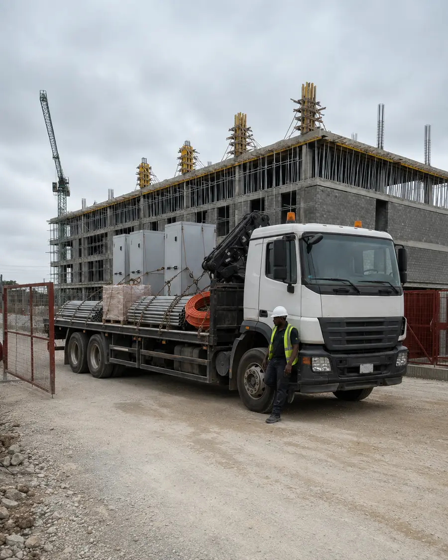 Site delivery of switchgear enclosures and cable to a building under construction.