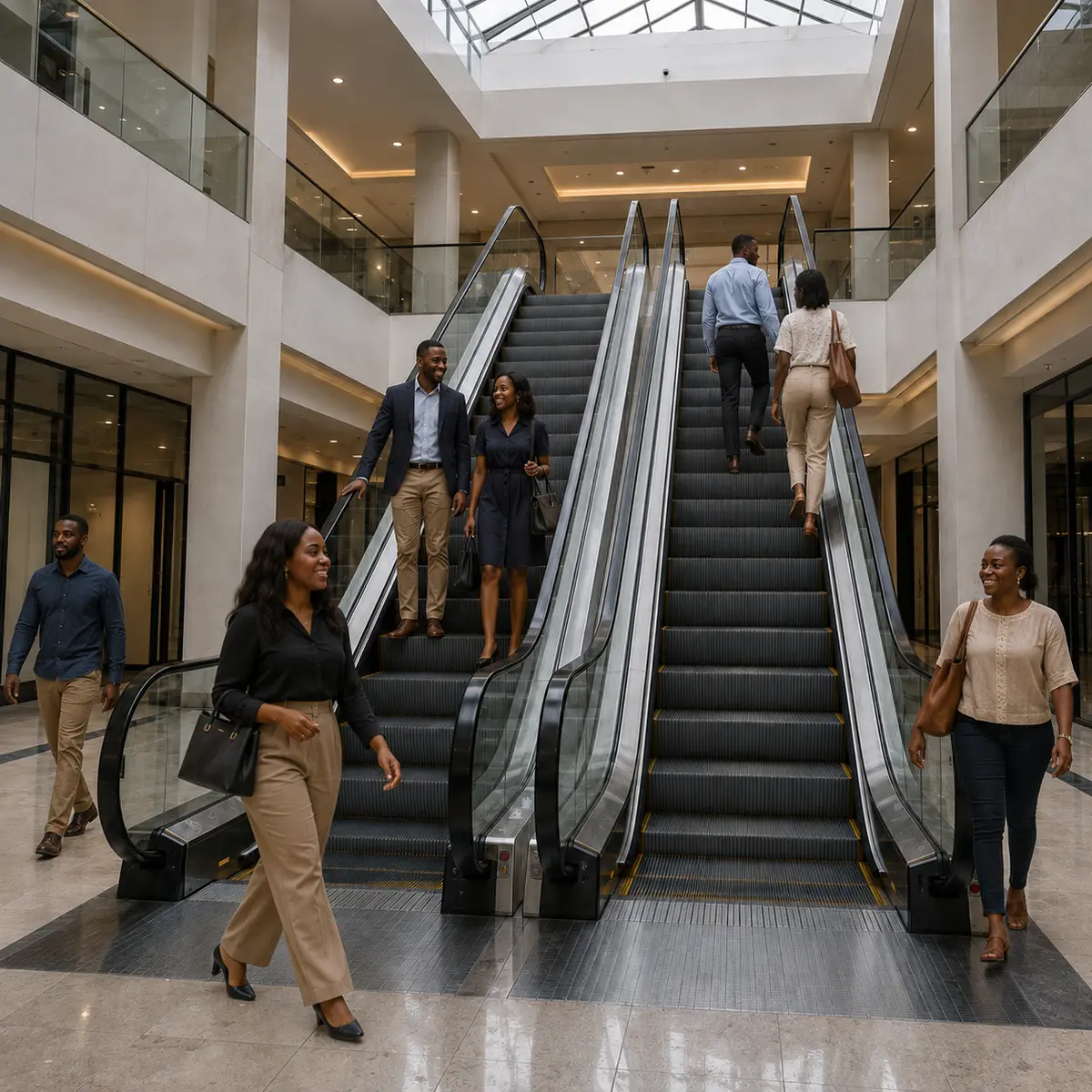 Shoppers riding escalators in a busy Lagos atrium lobby
