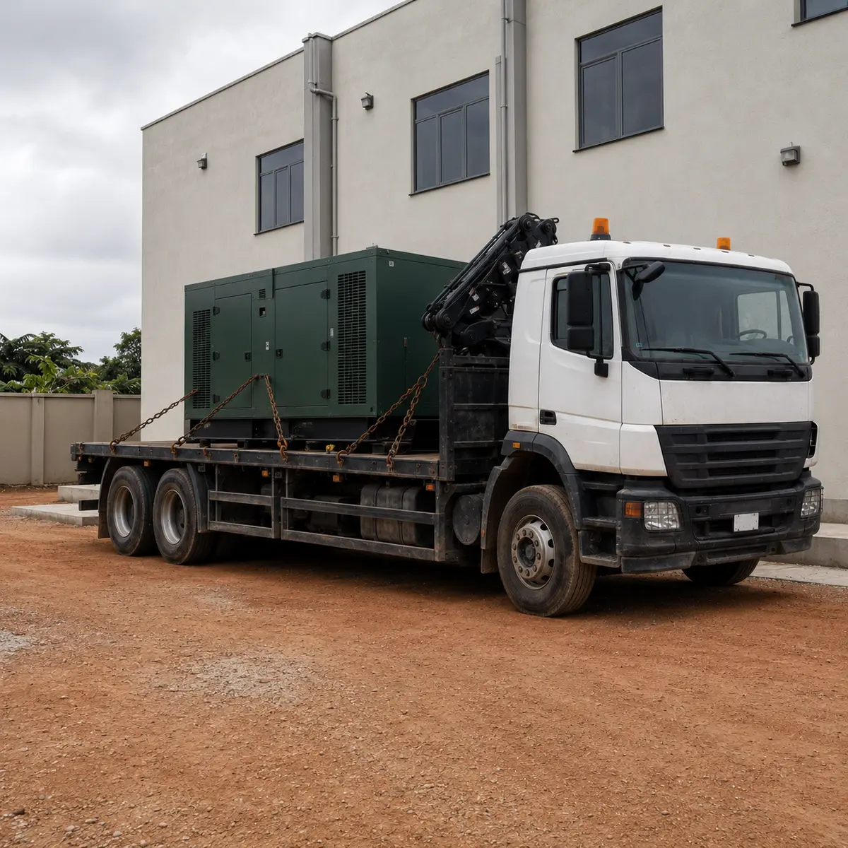 400kVA standby generator being delivered on a hiab flatbed truck.