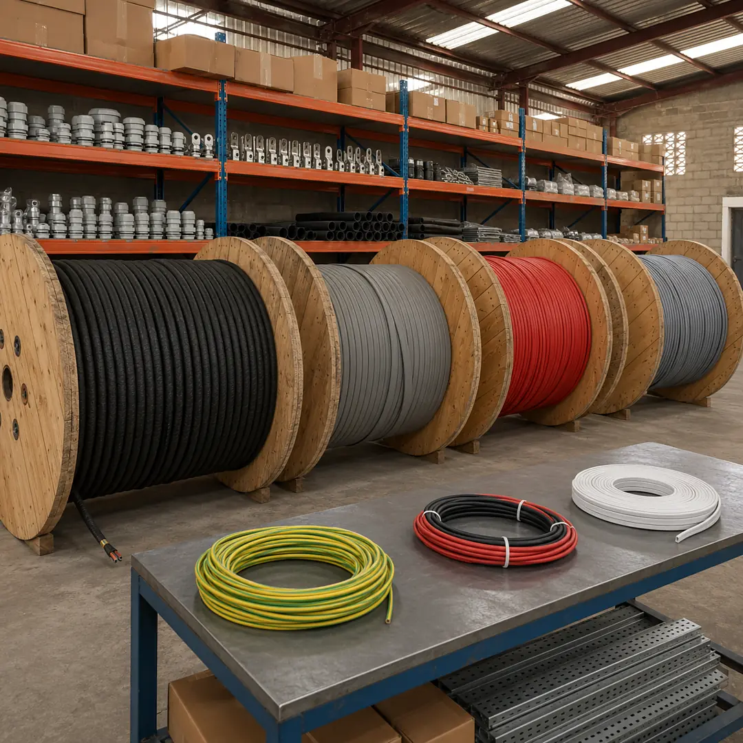 Warehouse racking with cable drums, glands, lugs, and conduit ready for dispatch.
