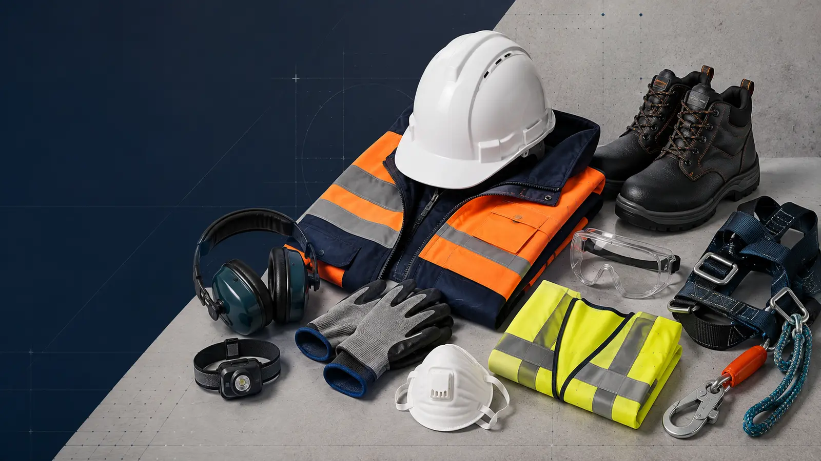 Safety helmet, hi-vis vests, gloves, goggles, ear defenders, boots and fall-arrest harness laid out as standard Synkit site PPE.