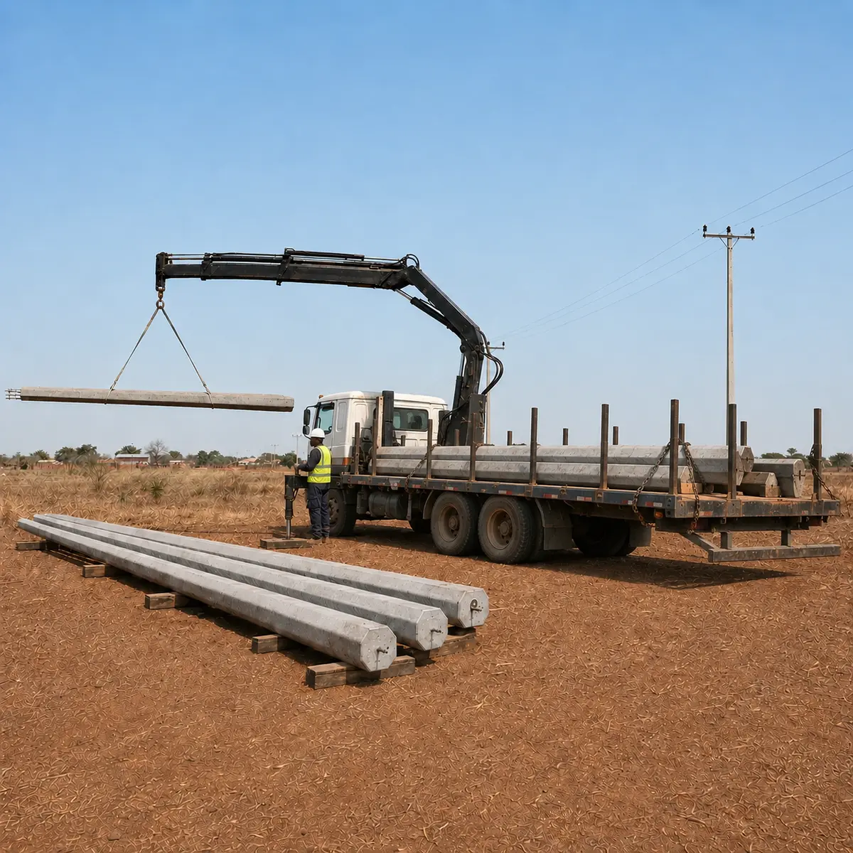 Hiab crane truck offloading concrete electricity poles on a distribution site