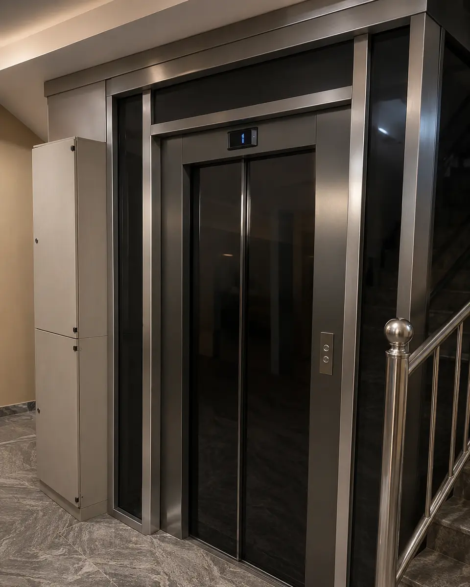 Modernised lift entrance in black glass and stainless trim.