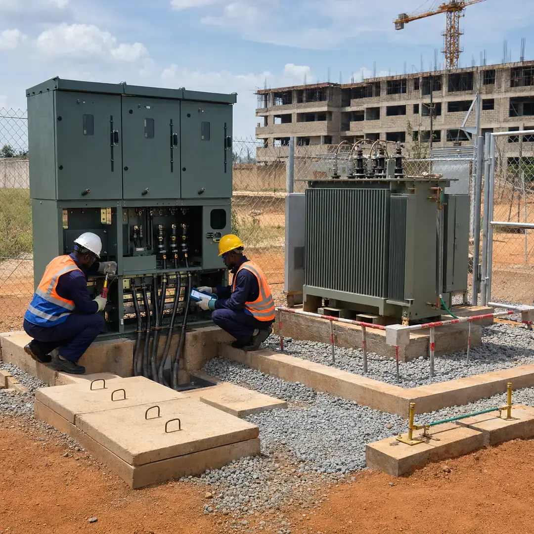 Two Synkit engineers servicing a transformer and switchgear installation on site