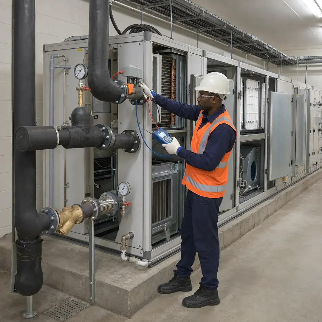 Engineer inspecting an air handling unit and chilled water pipework in a plant room.