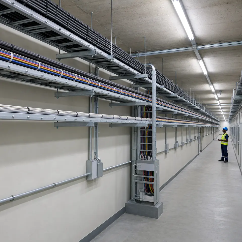 Galvanised cable trays and conduit runs along a service corridor with an engineer inspecting.