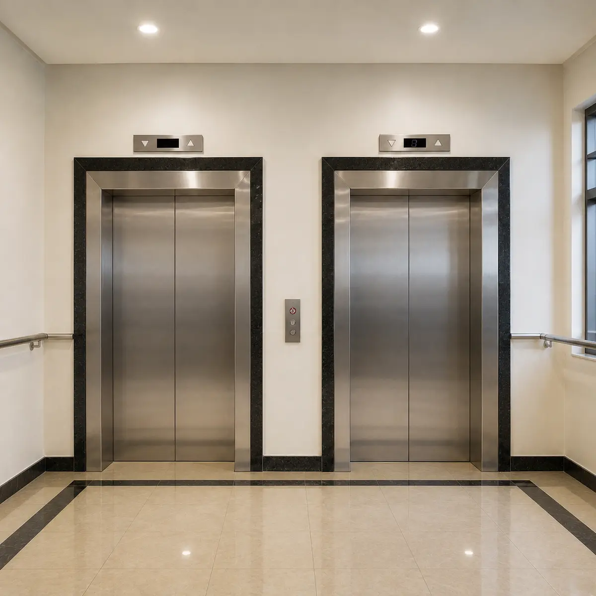 Commercial elevator lobby with stainless steel lift entrances in a modern office building.