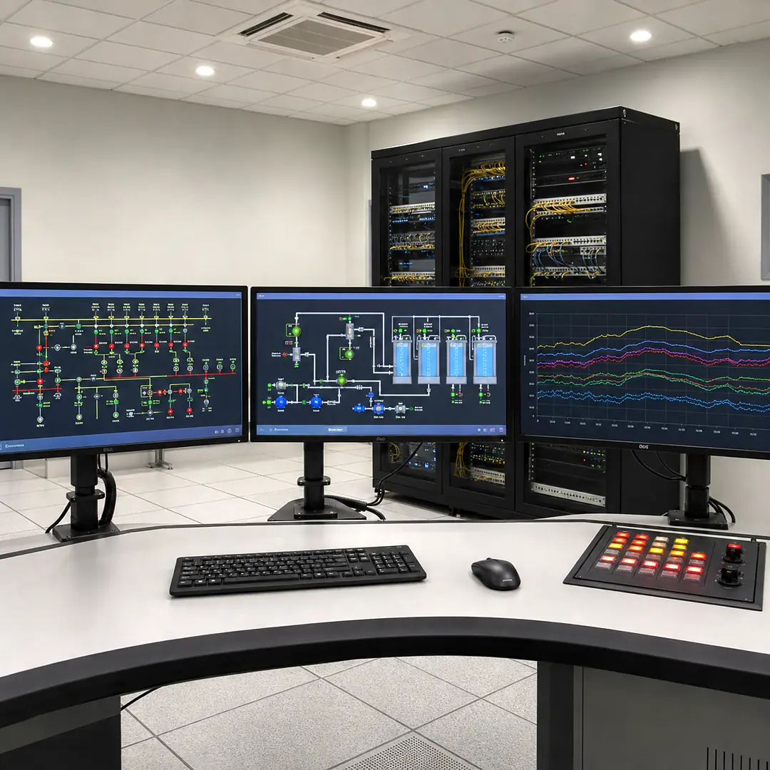 Control room desk with three SCADA screens showing single-line diagrams and trend data.