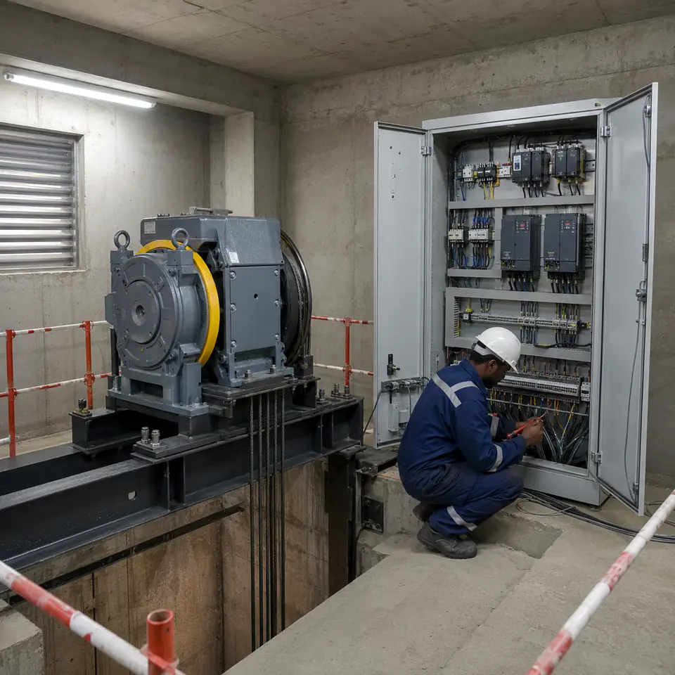 Engineer working beside an elevator controller cabinet and traction motor in a machine room.