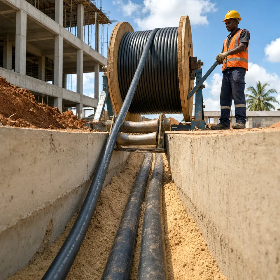 Worker paying out armoured cable from a timber drum into a sand-bedded trench on site.