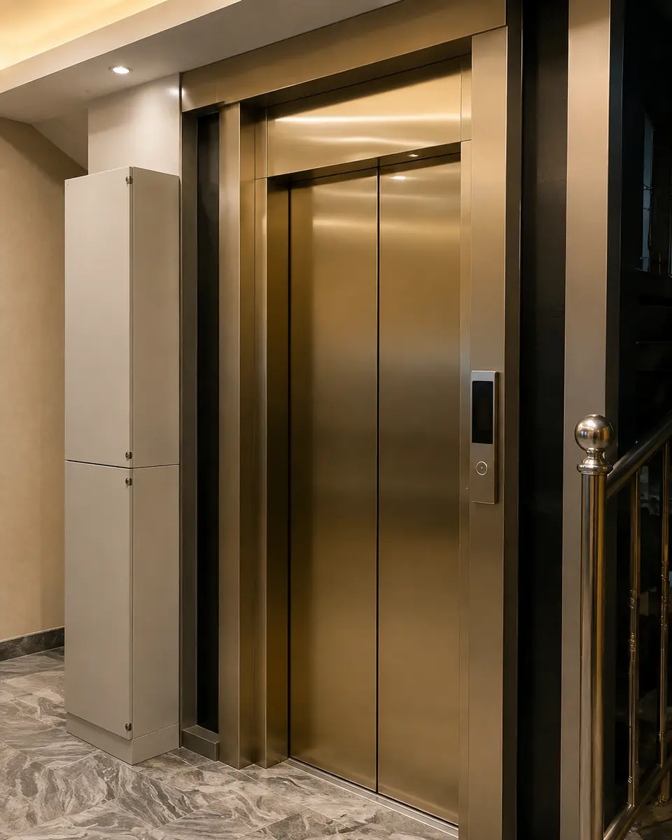 Modernised lift entrance in champagne gold stainless steel with touch panel.