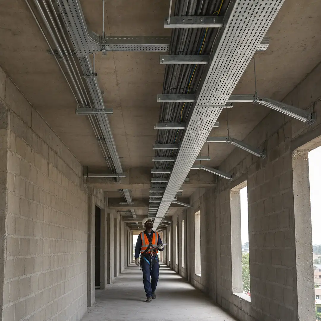 Synkit engineer inspecting overhead cable tray and conduit containment in a building under construction.