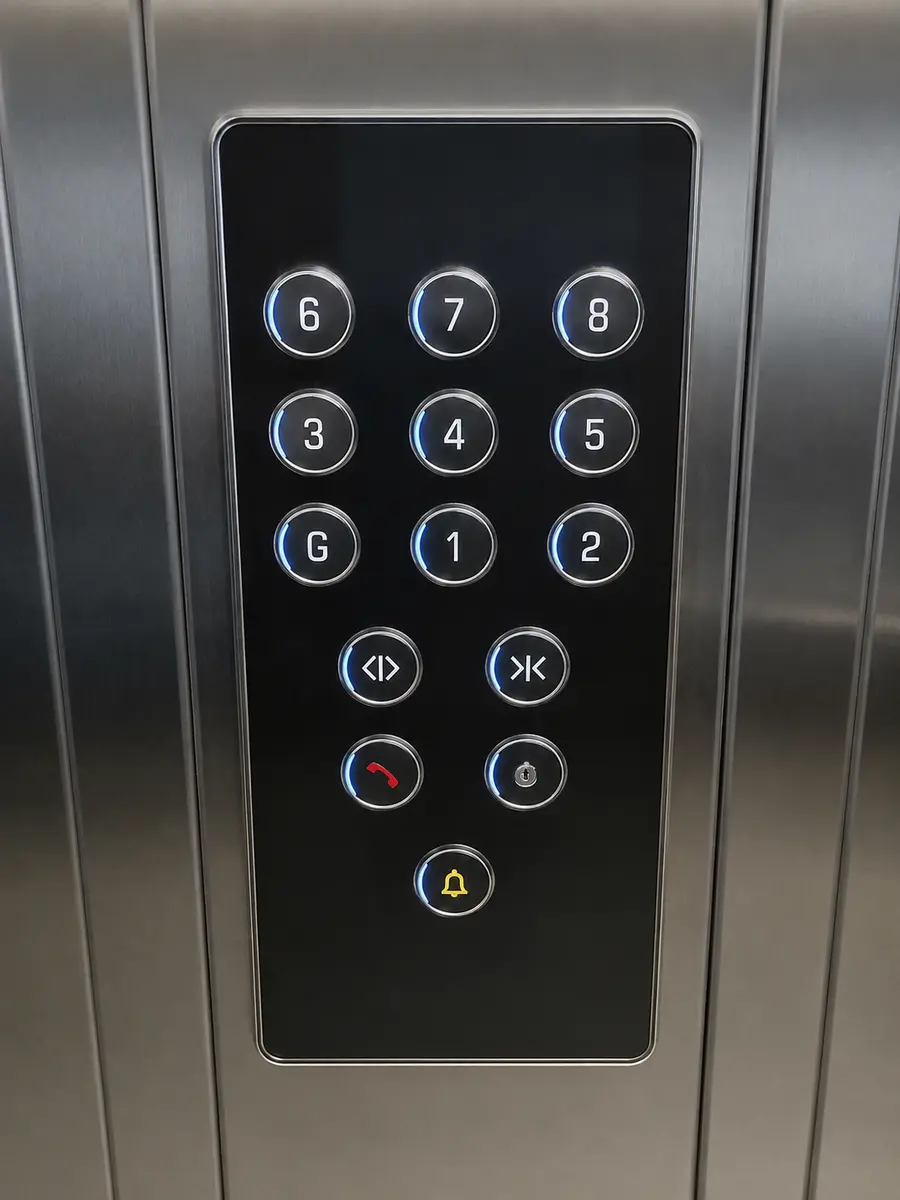Black glass lift car operating panel with backlit stainless buttons.