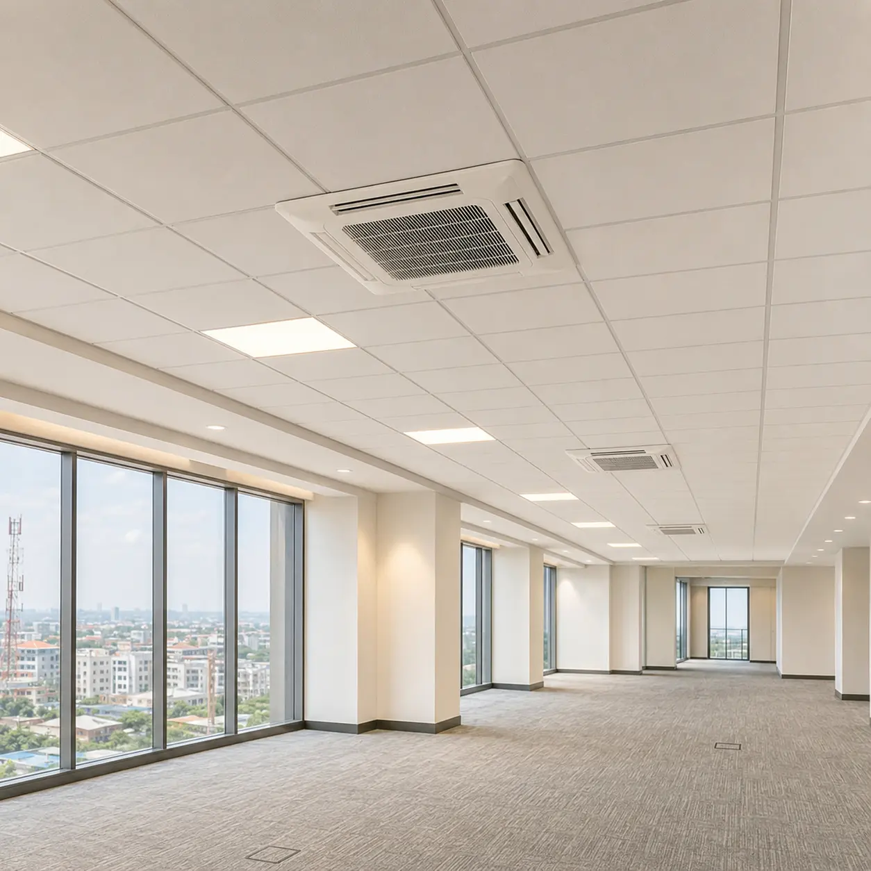 Completed office floor with flush ceiling cassettes, tiled ceiling grid and even lighting overlooking the city.