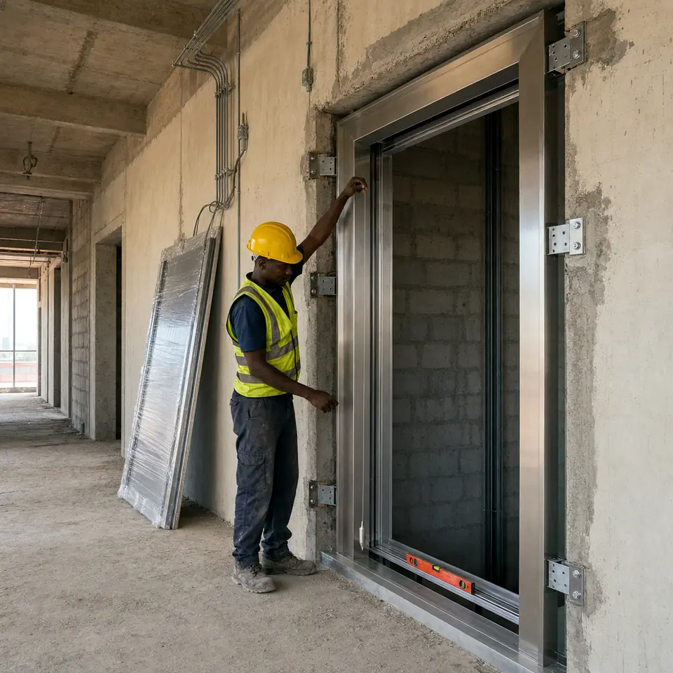 Technician fitting an elevator landing door frame at a floor entrance.