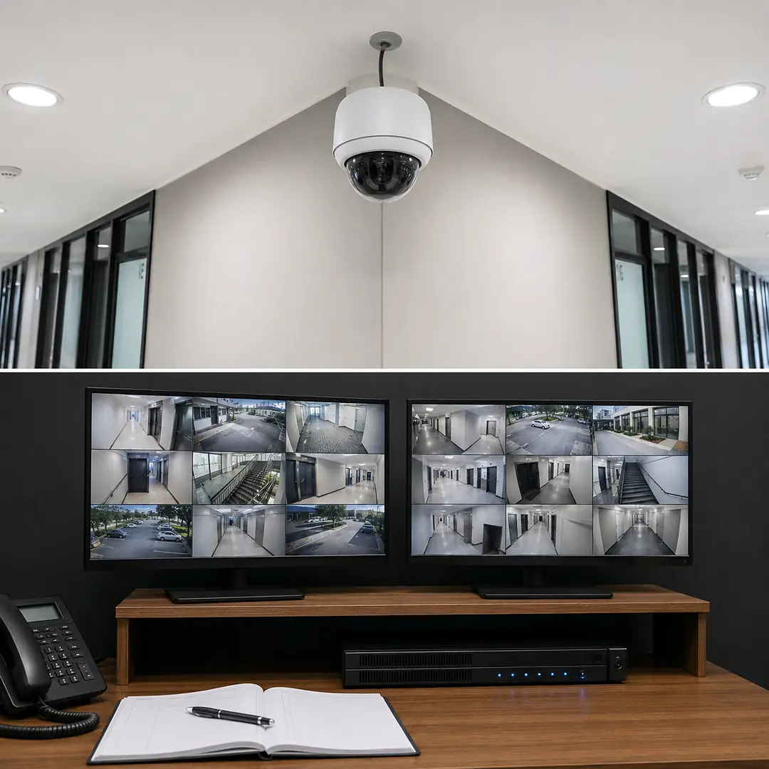 Ceiling-mounted dome camera above a corridor and a monitoring desk showing live building camera feeds.