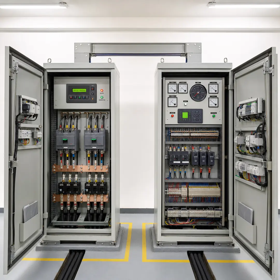Two open generator synchronisation panels showing busbars, breakers, and metering.
