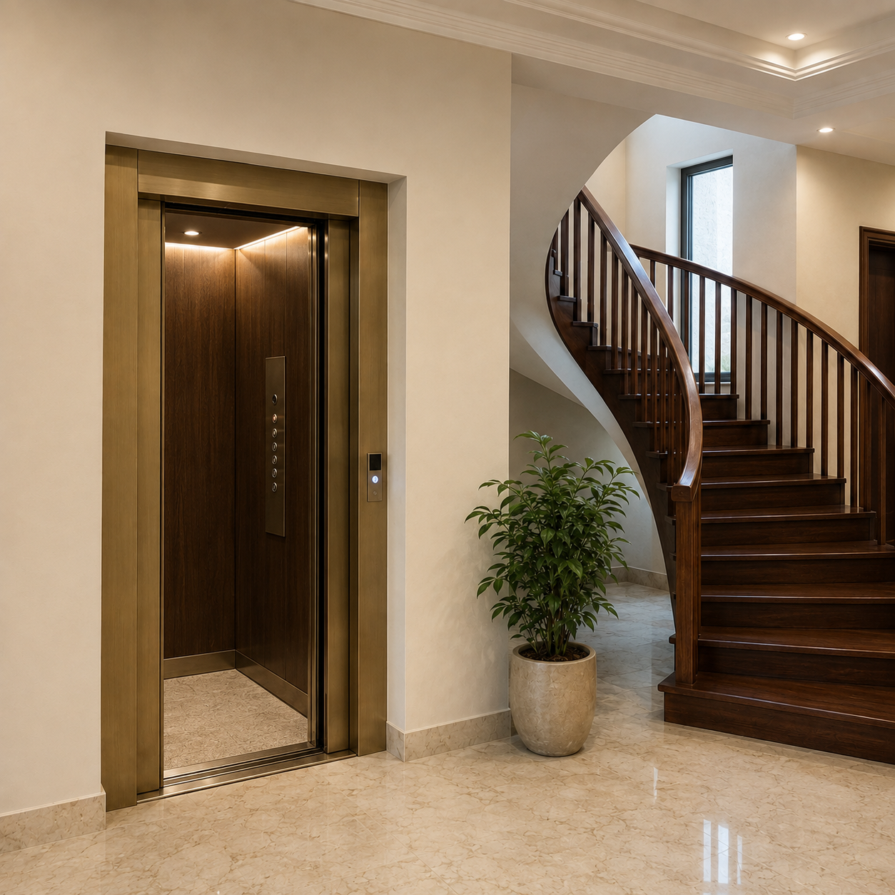 Residential home elevator with bronze doors beside a curved timber staircase.