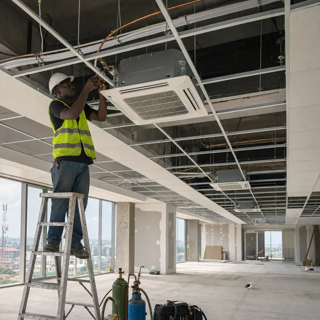 Technician connecting a ceiling cassette unit into a suspended ceiling grid in an office fit-out.