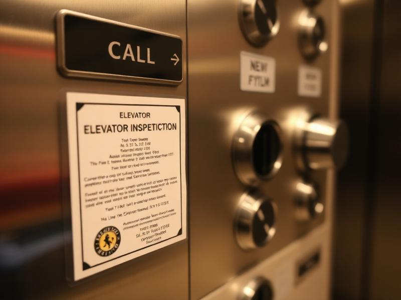 Elevator inspection certificate beside lift call buttons